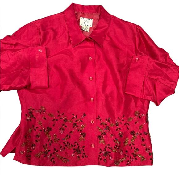 Vtg 90s Silk Beaded Floral Embroidery Glam Pants Set Womens Size 12 Romantic - Picture 5 of 9